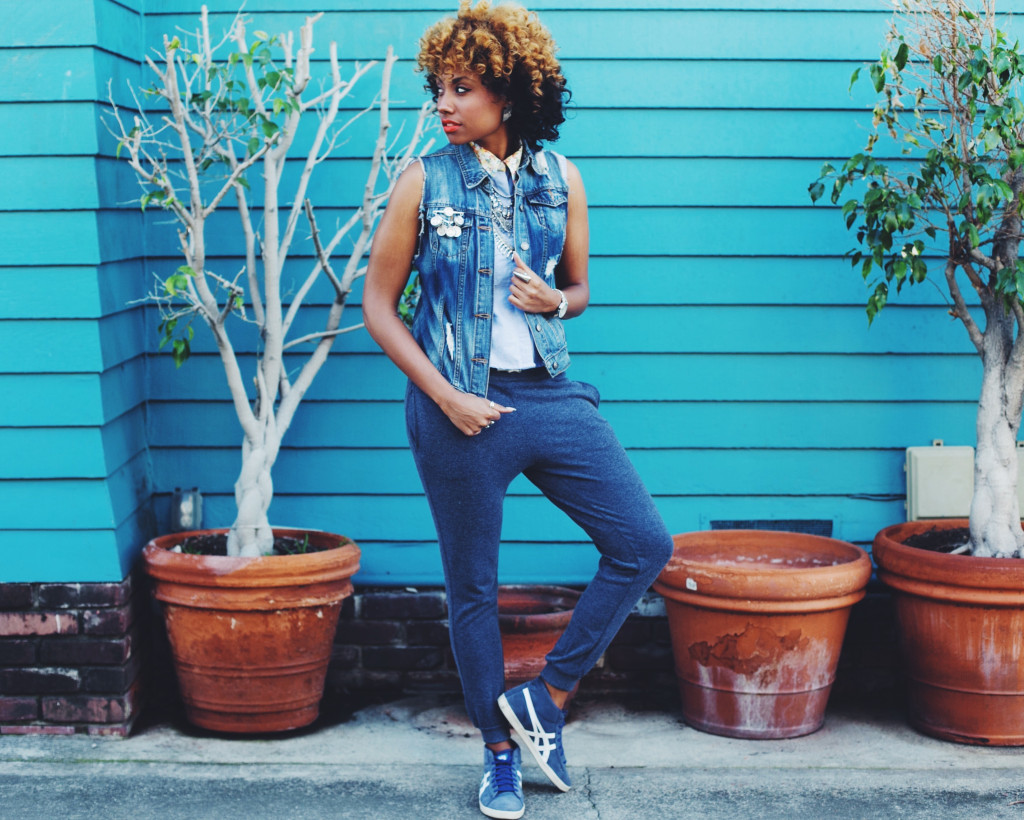 blue, monochrome, fashion, street style, denim, joggers, asics