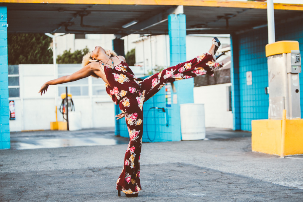 Foxy Cleopatra inspired outfit with floral jumpsuit in long beach car wash