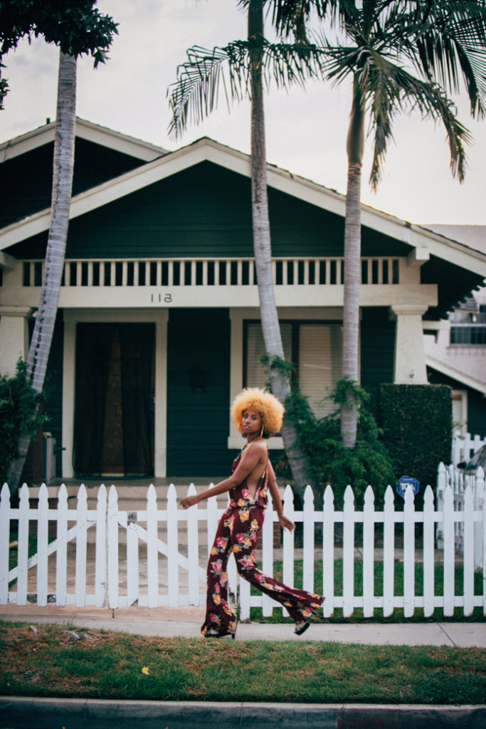 Foxy Cleopatra inspired outfit with floral jumpsuit in long beach
