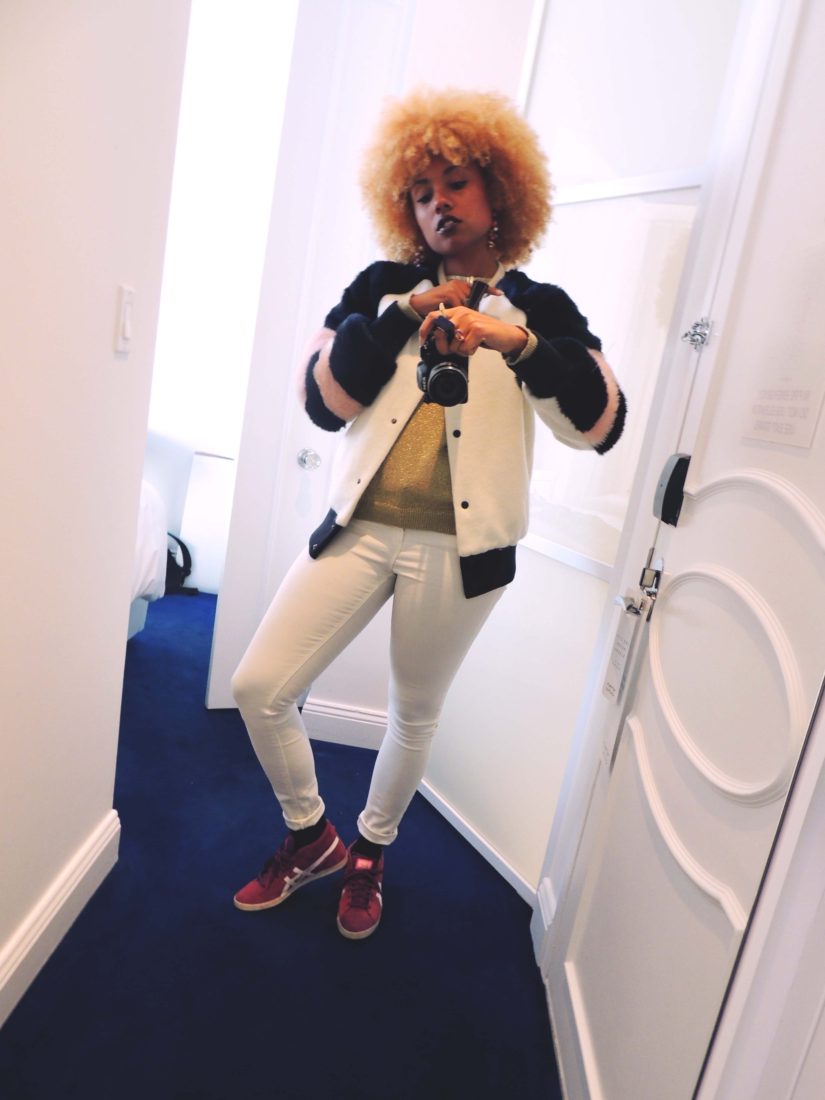 LiveClothesMinded in Nomo Hotel in Soho New York, wearing Zara fur jacket. white pants and pink Onitsuka Tiger sneakers