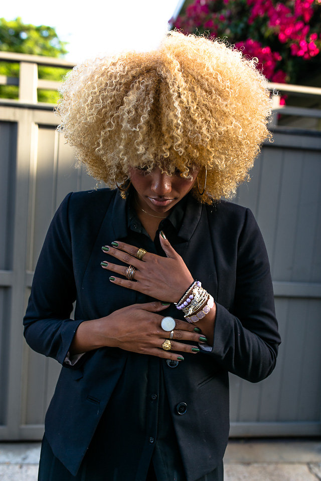 personal style-blonde curls-black blazer-lcm-rsee-xmmtt-live clothes minded-wear who you are