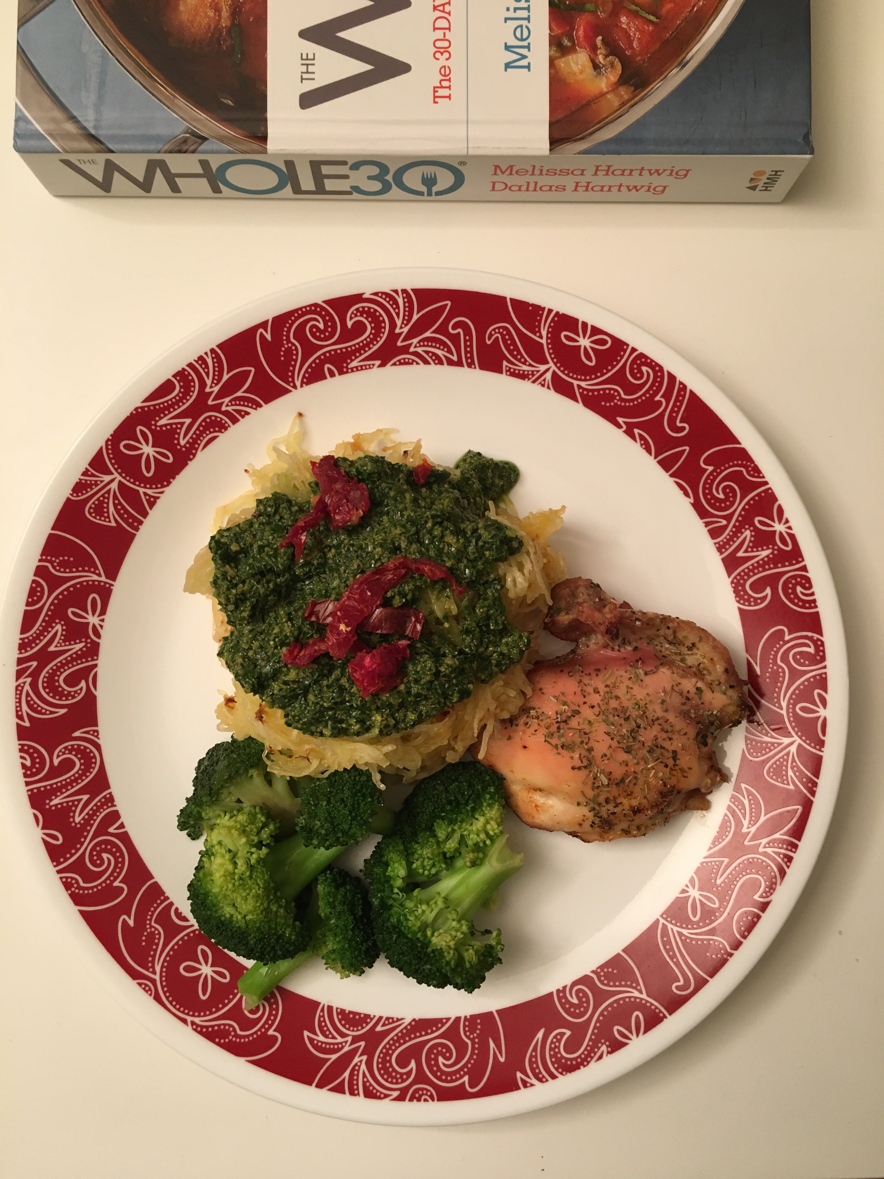Whole 30 Approved Meal: Spaghetti Squash with Pesto & Baked Chicken Thighs