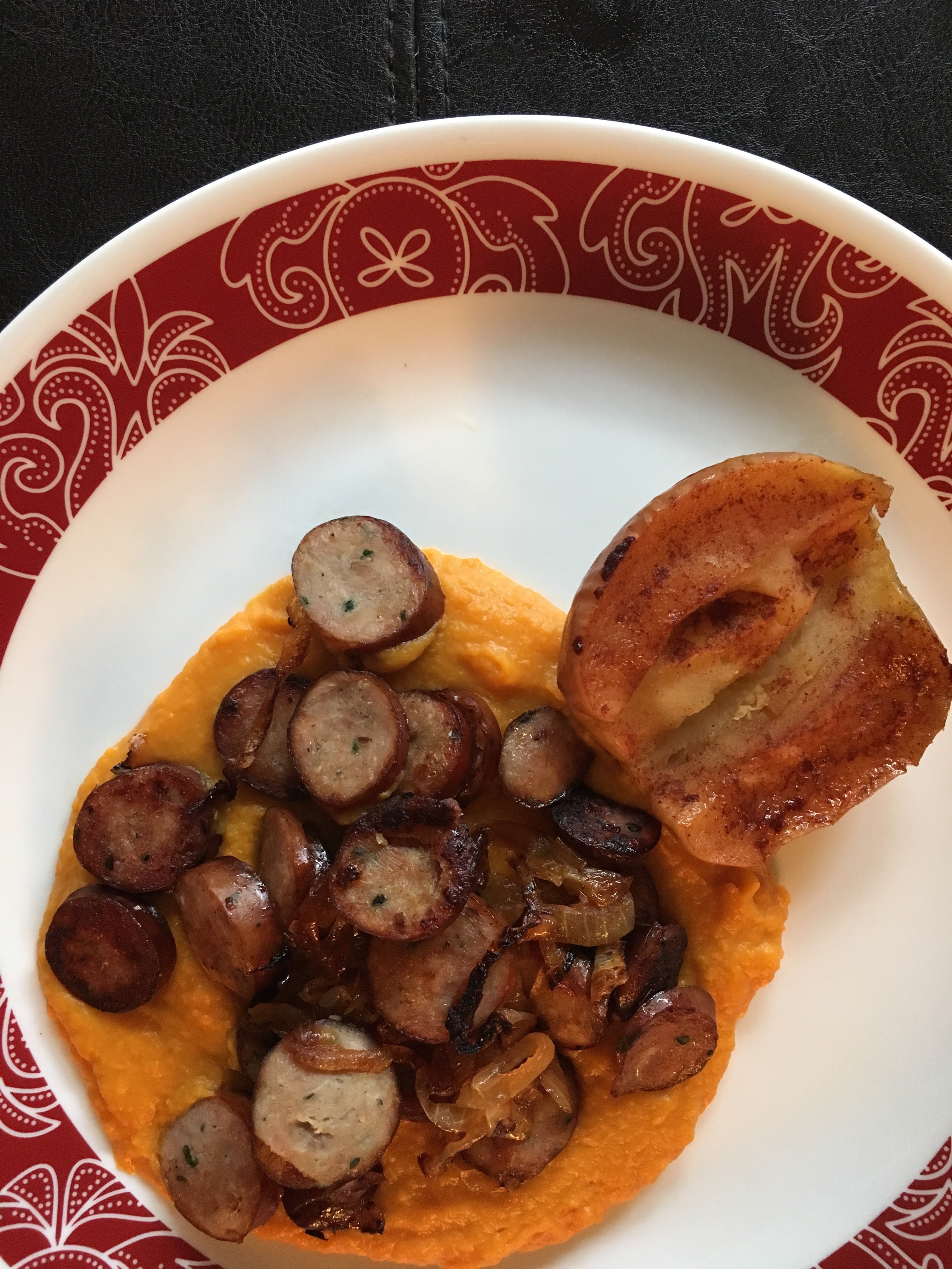 Whole 30 Approved Aidelle's Chicken Apple Sausage (Meal originally called for Banger Sausage recipe in Whole 30 Book) with Sweet Potato Mash and Caramelized Onions