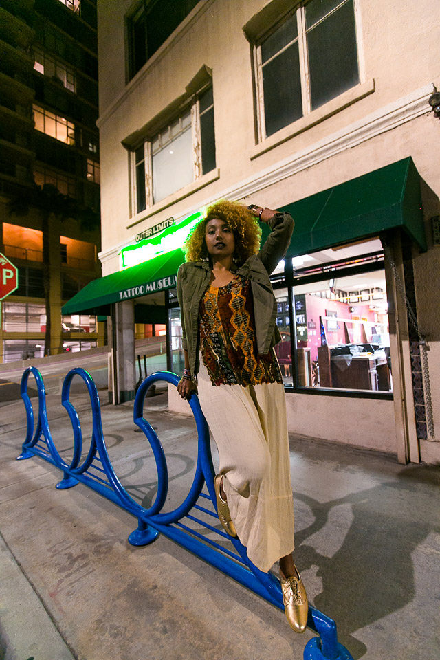 street style photography model with gold shoes