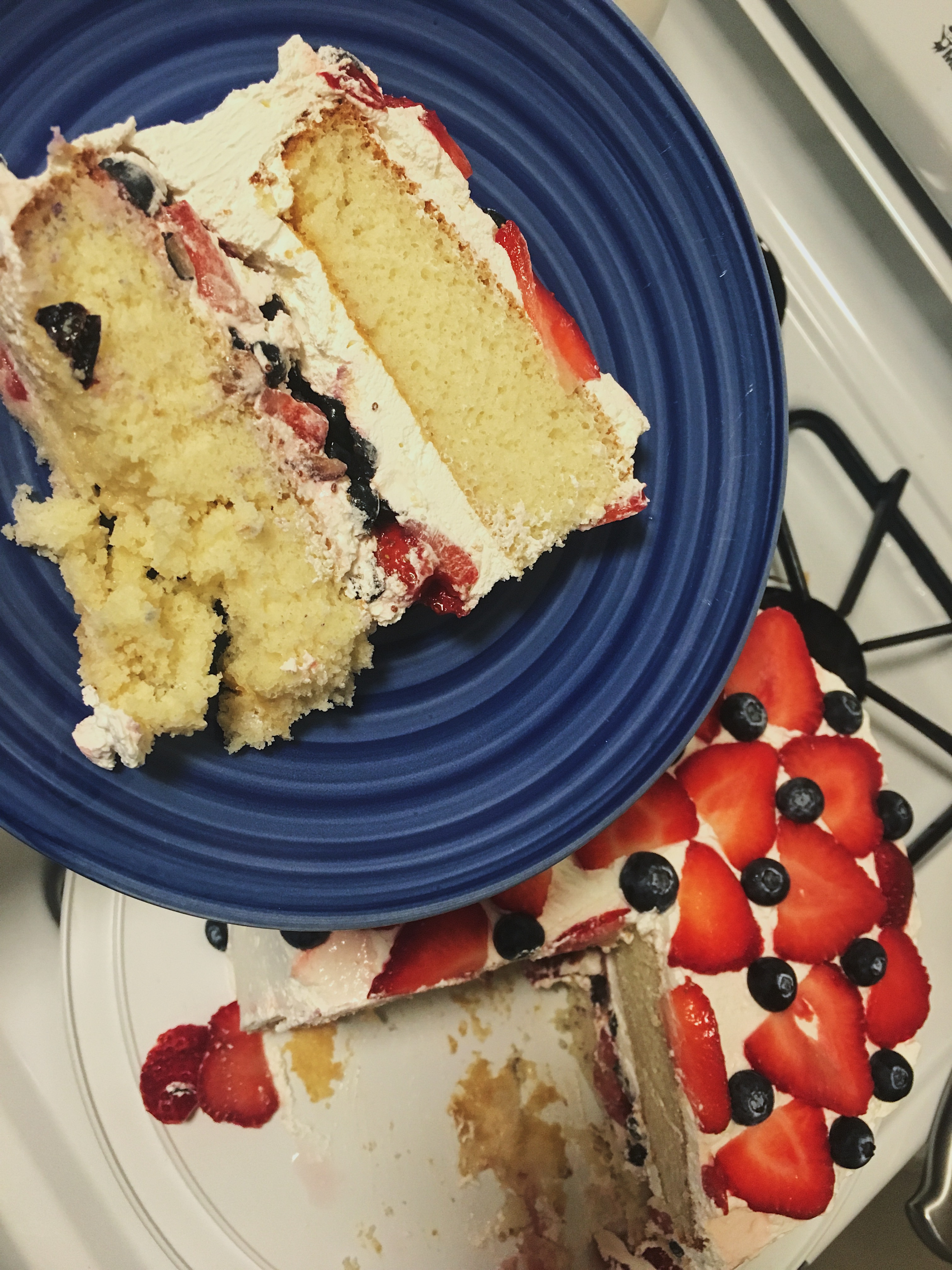 4th of july cake recipe-slice of 4th of july cake with strawberries and blueberries
