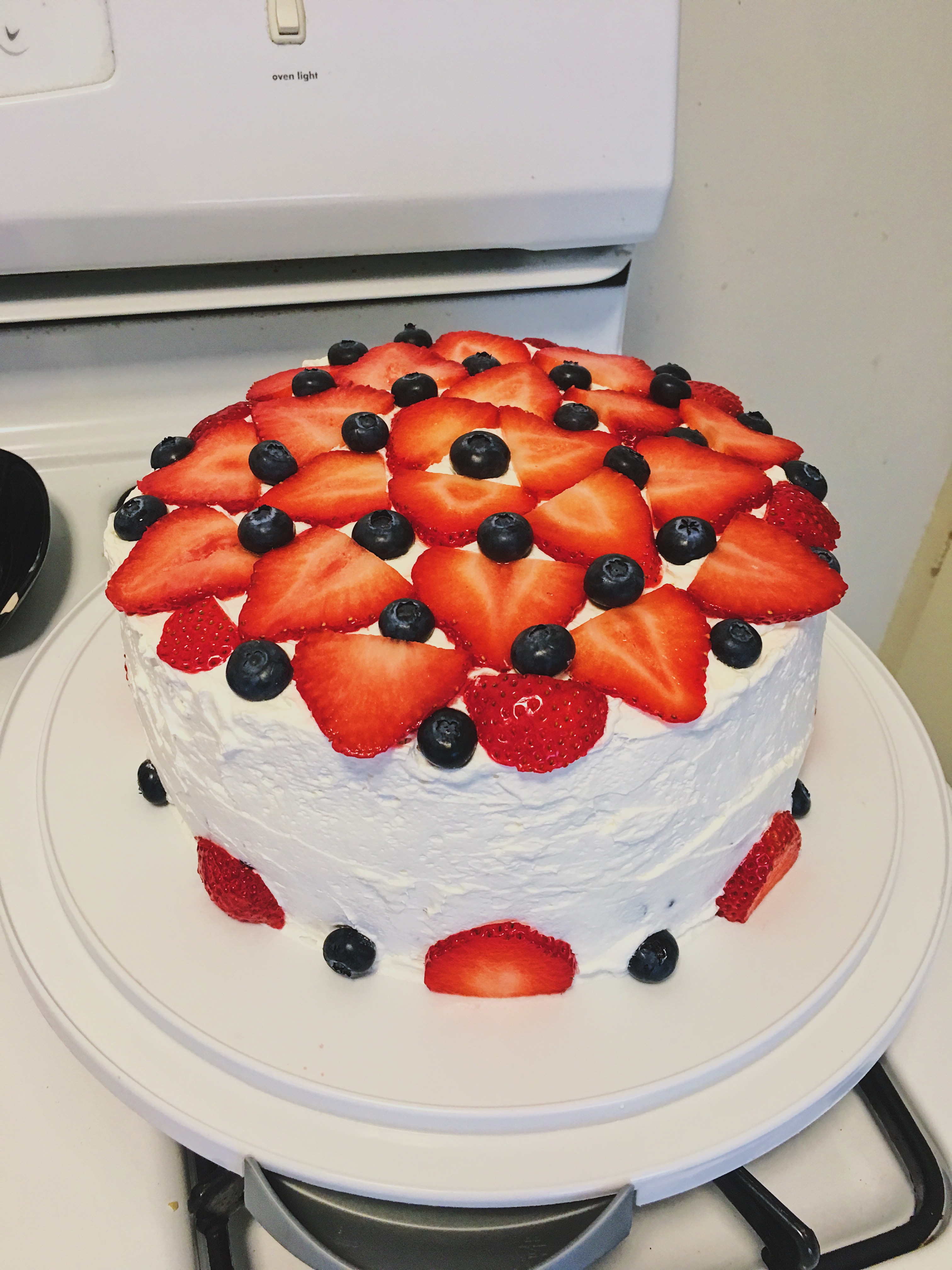 4th of july red white and blue cake with strawberries and blueberries