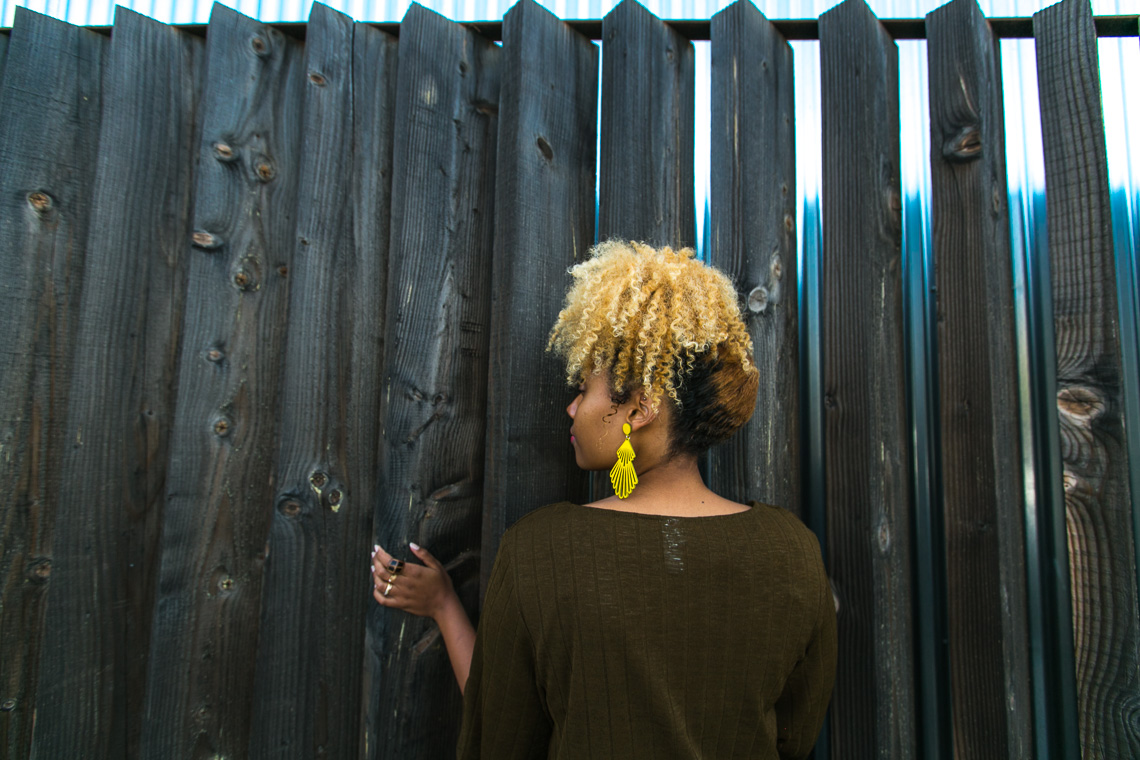 yellow earrings-h&m shirt-blonde curly hair