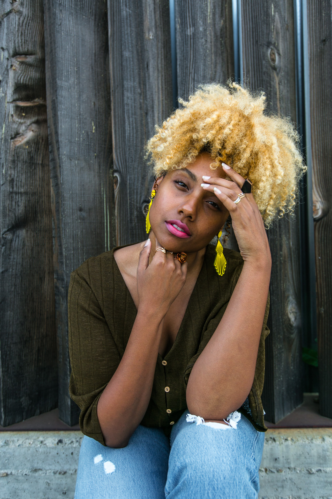 yellow earrings-h&m shirt-blonde curly hair-live clothes minded-wear who you are