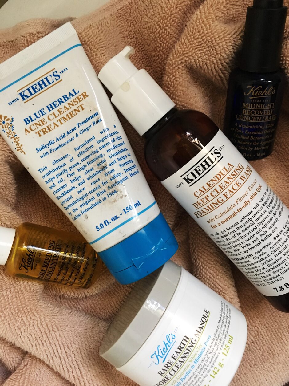 kiehl's oil-rare earth masque-calendula foaming cleanser-blue herbal acne cleanser-midnight recovery-daily reviving