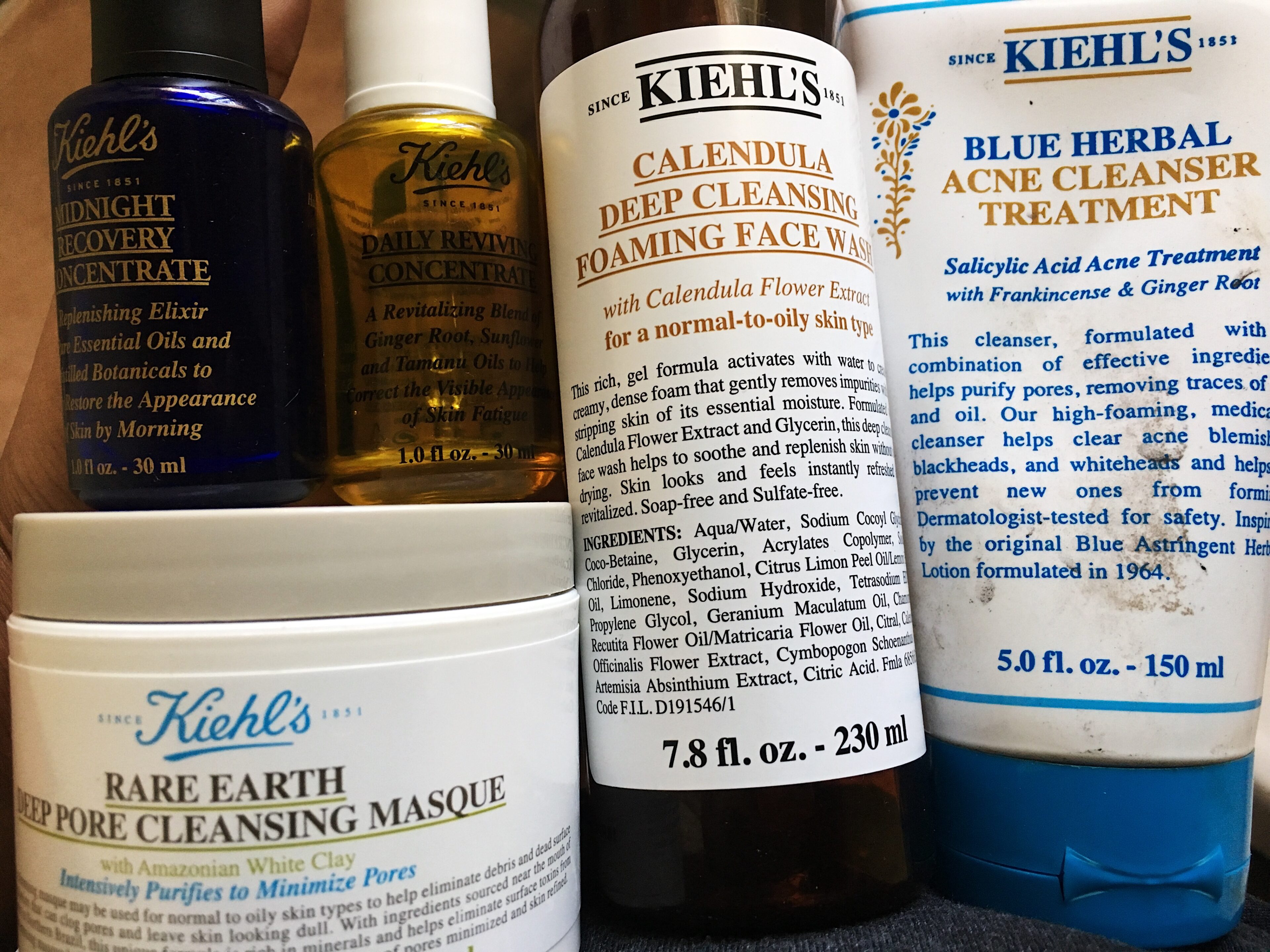 kiehls oil-rare earth masque-calendula foaming cleanser-blue herbal acne cleanser-midnight recovery-daily reviving