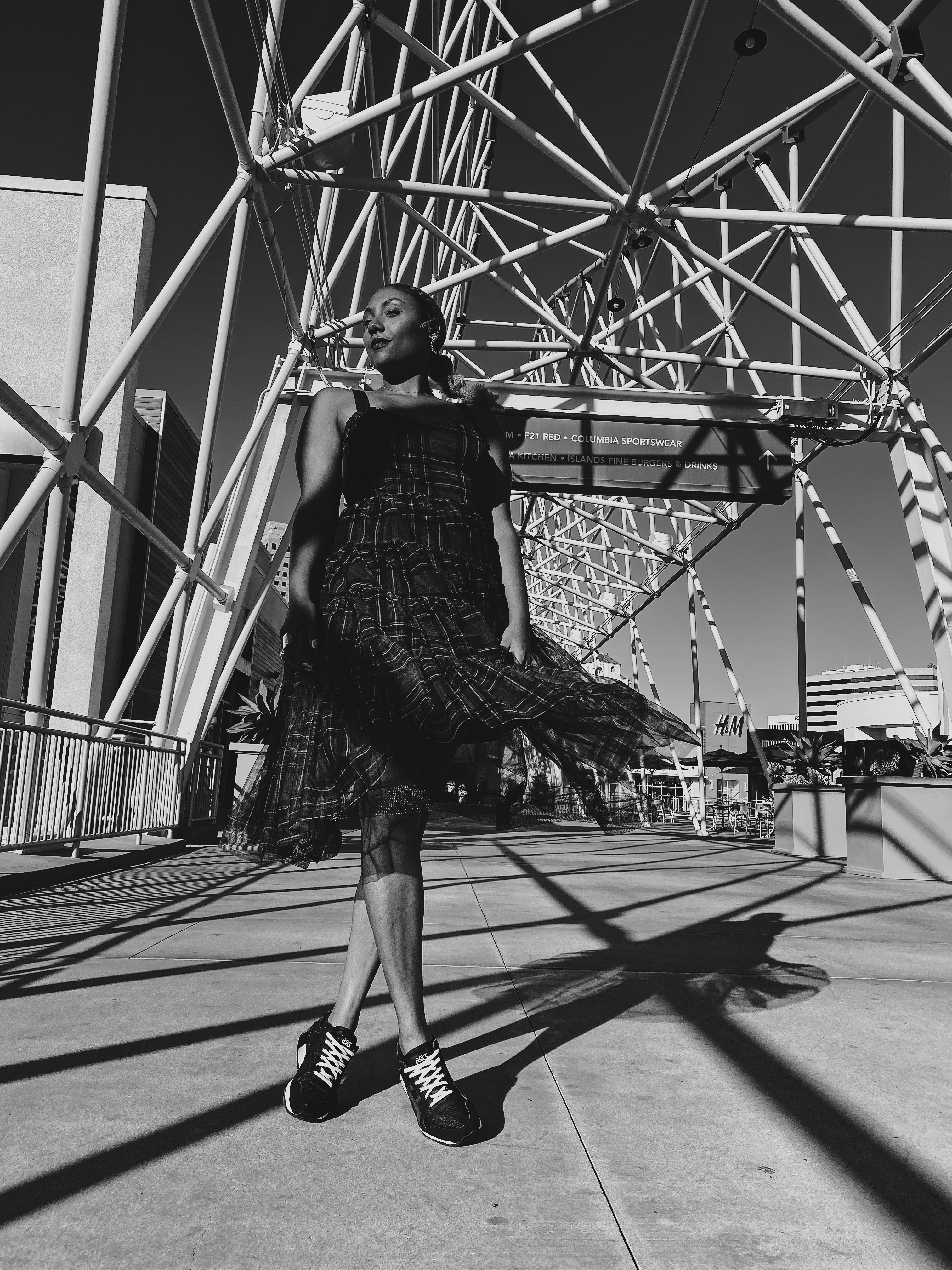 black and white photo-the pike-long beach-dress with sneakers