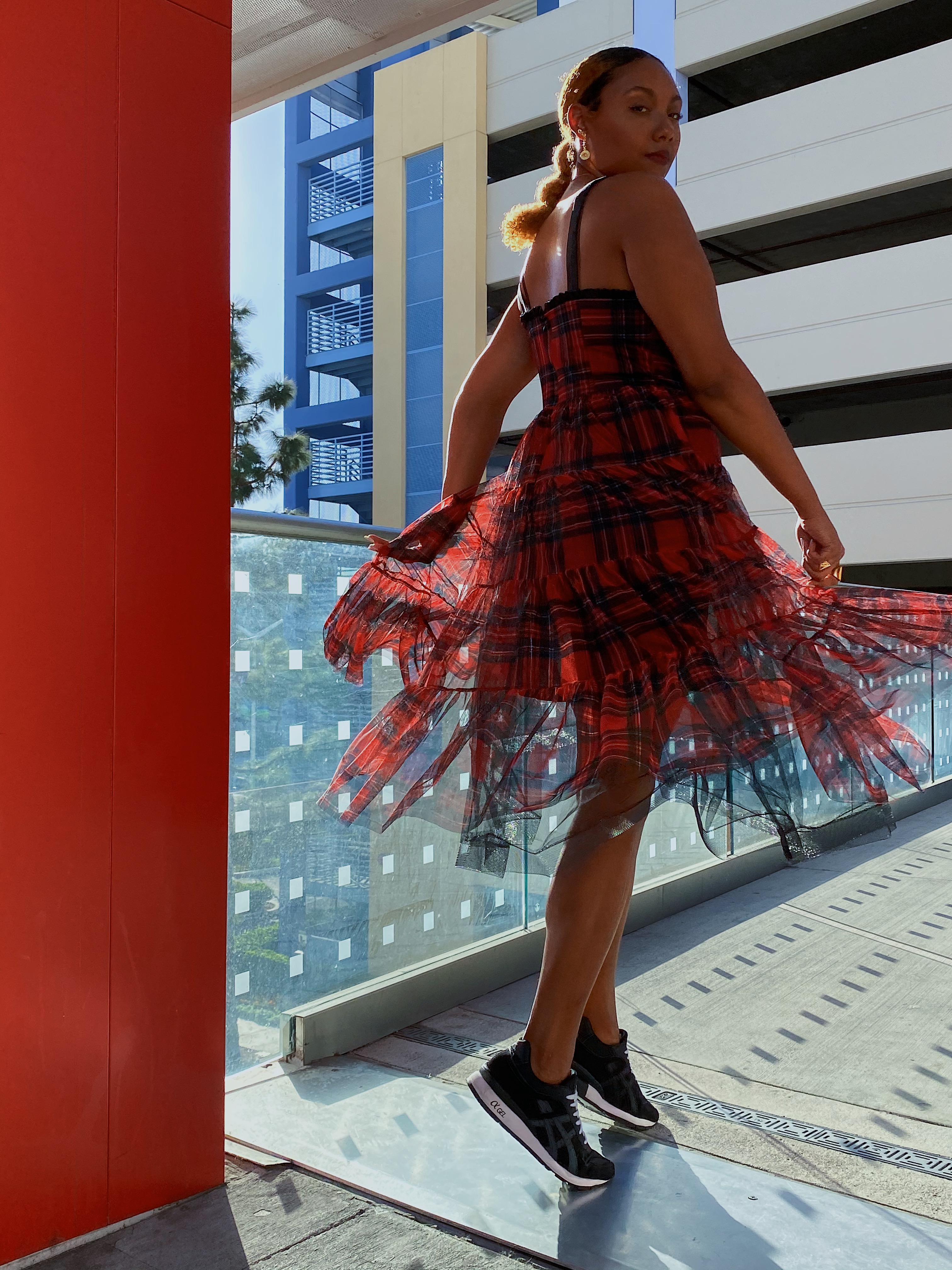 red plaid dress-betsey johnson-fit femme-sneakers with dresses