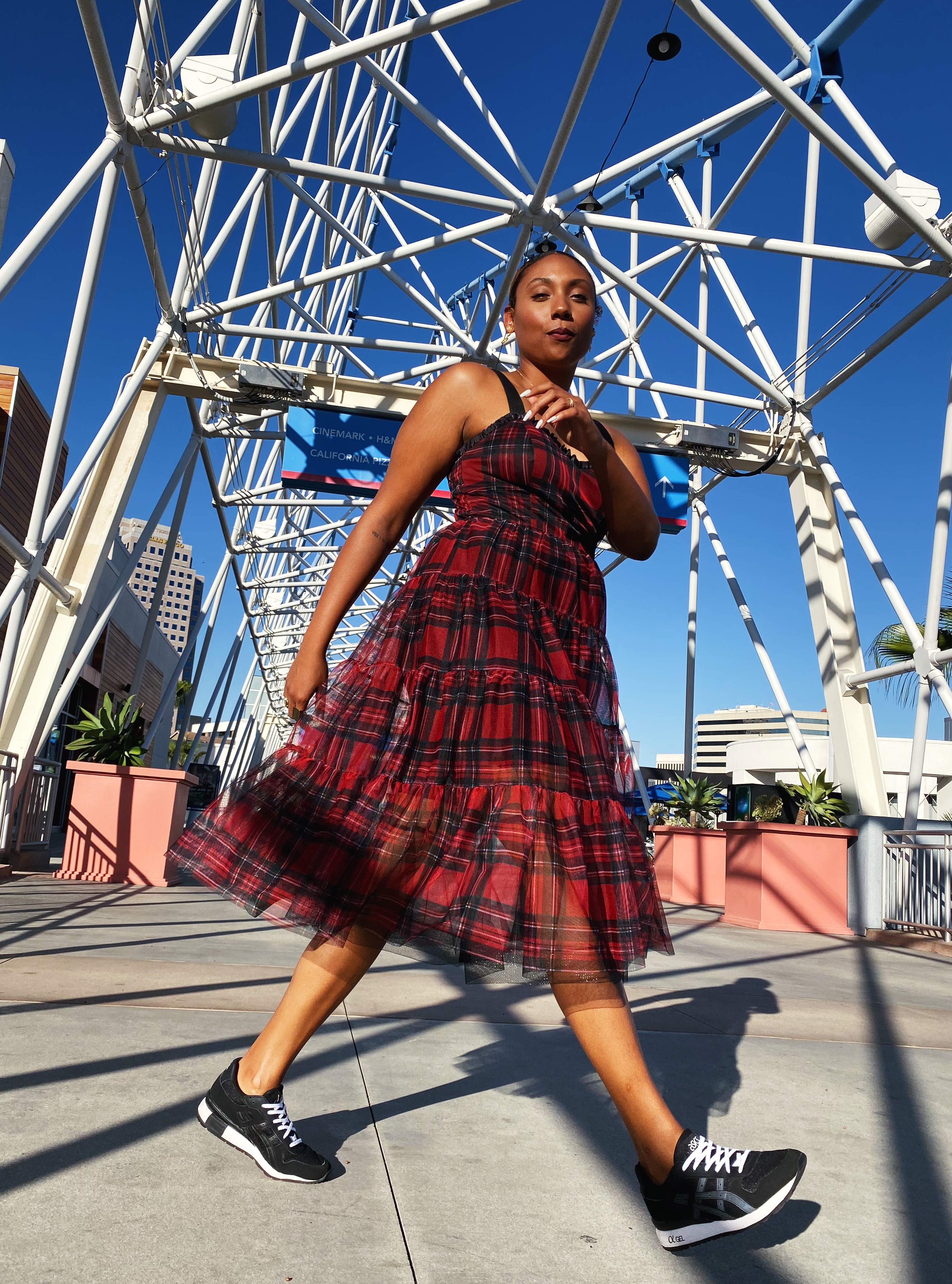 red plaid dress-betsey johnson-nordstrom rack-fit femme-sneakers with dresses