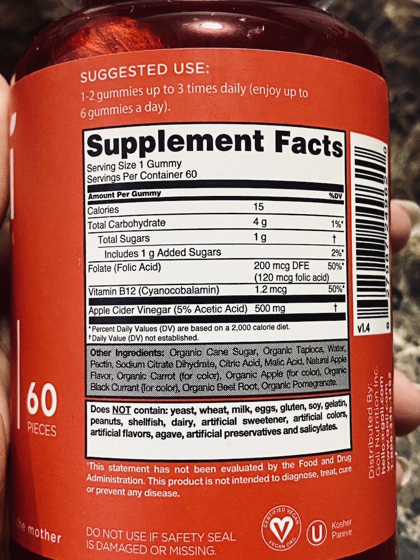 goli acv gummiew-nutritional facts